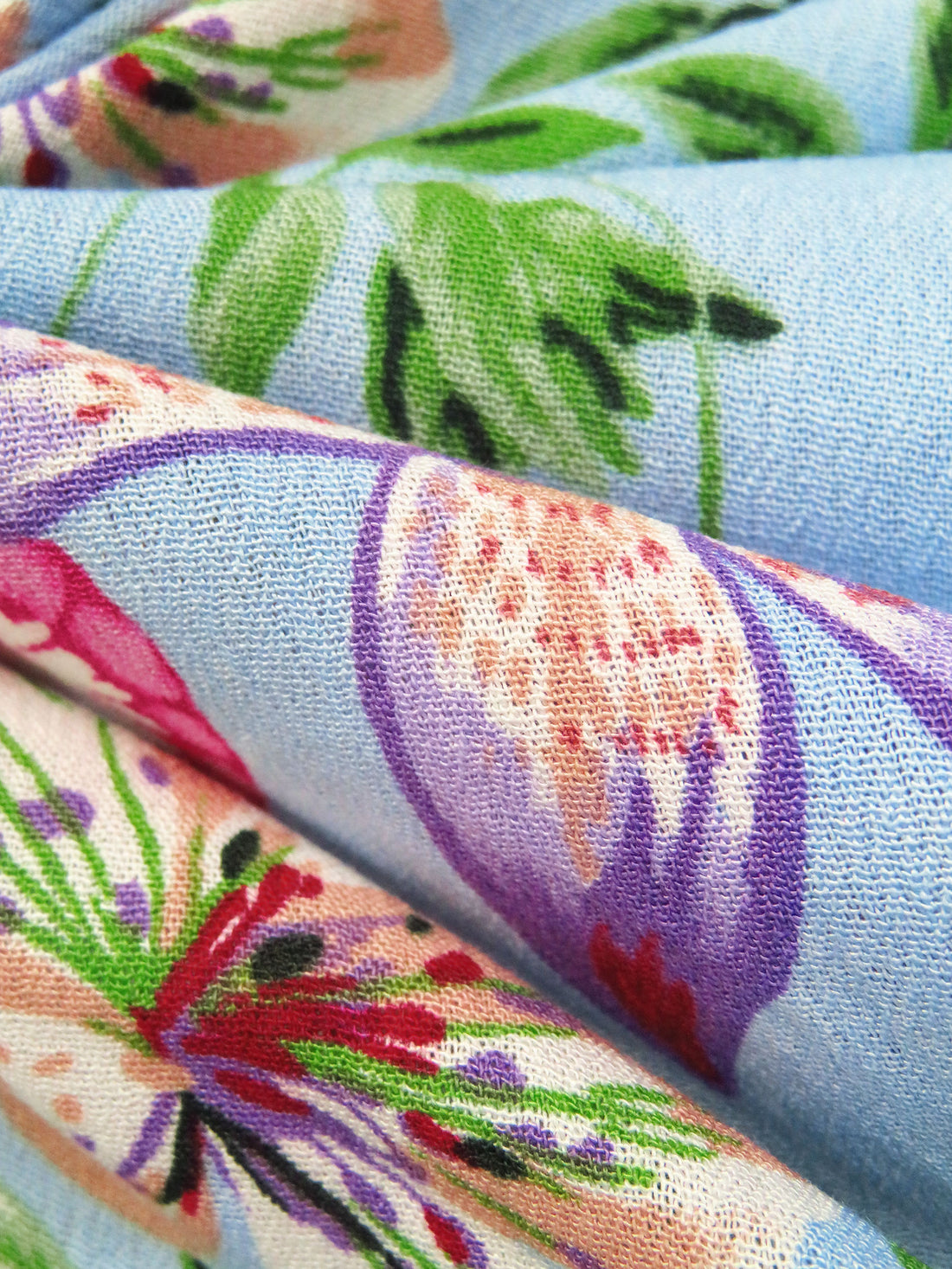 Sky Blue/Amethyst/Vine Green/Multi 100% Rayon Garden Floral Print Crinkle Challis 54W