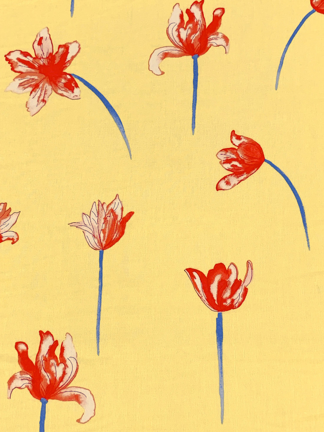 Straw Yellow/French Blue/Lava Red/Pale Rosewood 100% Rayon Floral Print Crinkle Challis 56W