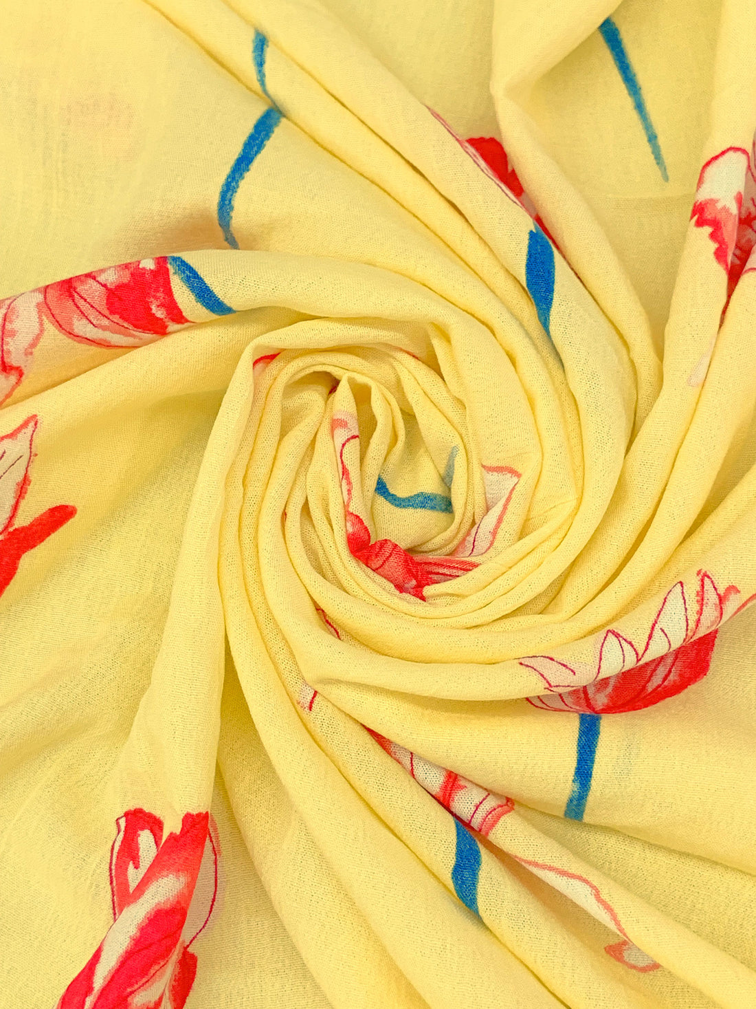 Straw Yellow/French Blue/Lava Red/Pale Rosewood 100% Rayon Floral Print Crinkle Challis 56W