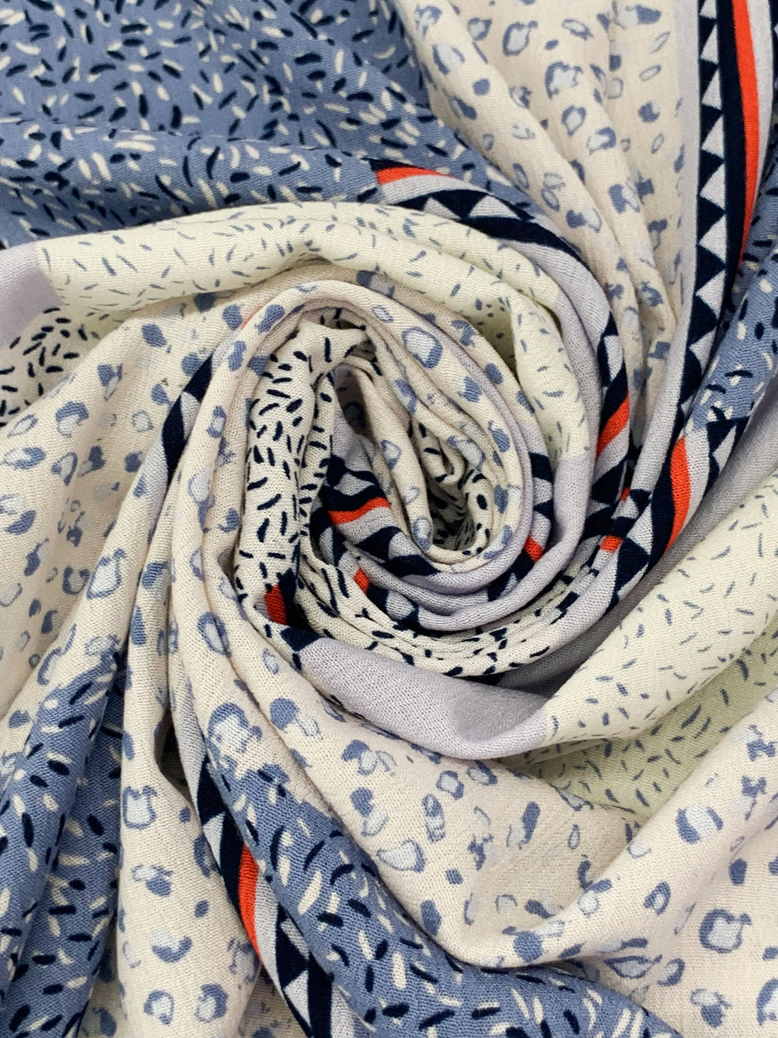 Alabaster/Shadow Blue/Red 100% Rayon Multi-Framework Print Crinkle Challis 54W