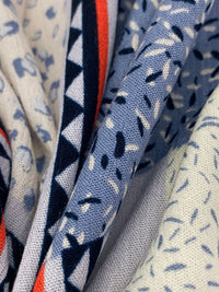 Alabaster/Shadow Blue/Red 100% Rayon Multi-Framework Print Crinkle Challis 54W