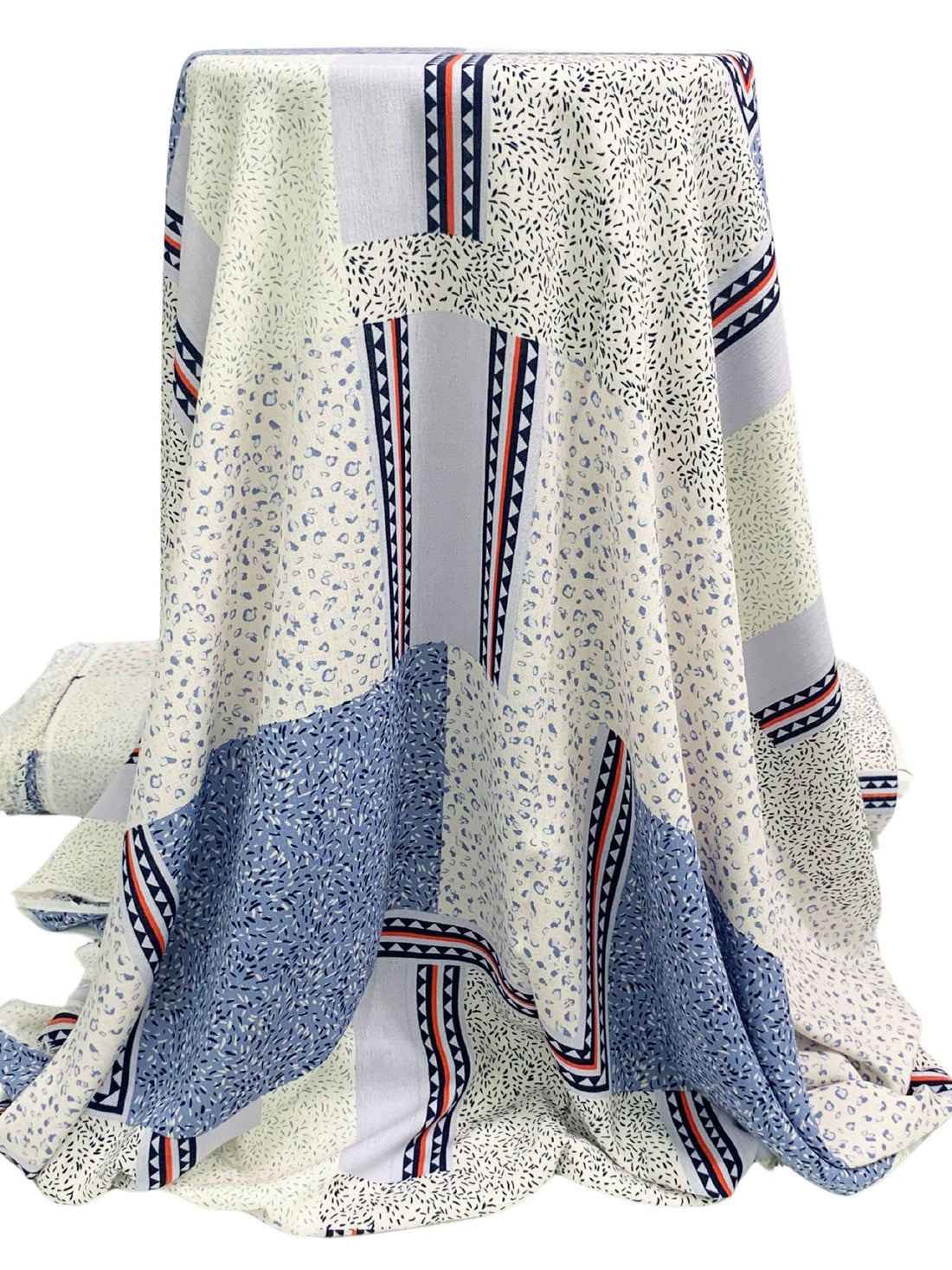 Alabaster/Shadow Blue/Red 100% Rayon Multi-Framework Print Crinkle Challis 54W
