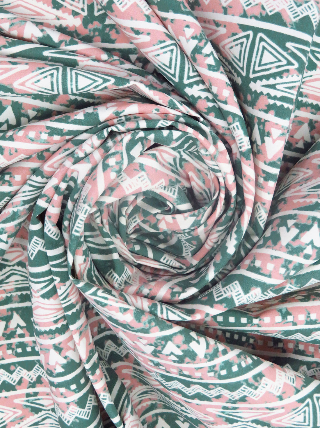 Russian Green/Dusty Rose/White 100% Polyester Tribal Horizontal Stripe Print Poplin Shirting - NY Designer - 58W