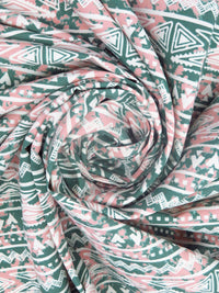 Russian Green/Dusty Rose/White 100% Polyester Tribal Horizontal Stripe Print Poplin Shirting - NY Designer - 58W
