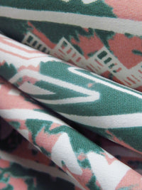 Russian Green/Dusty Rose/White 100% Polyester Tribal Horizontal Stripe Print Poplin Shirting - NY Designer - 58W