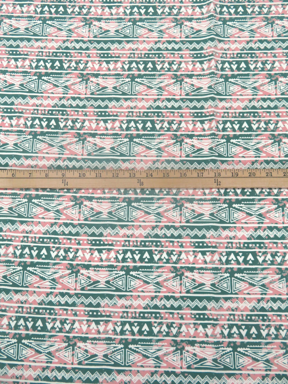 Russian Green/Dusty Rose/White 100% Polyester Tribal Horizontal Stripe Print Poplin Shirting - NY Designer - 58W