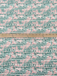 Russian Green/Dusty Rose/White 100% Polyester Tribal Horizontal Stripe Print Poplin Shirting - NY Designer - 58W