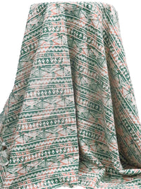 Russian Green/Dusty Rose/White 100% Polyester Tribal Horizontal Stripe Print Poplin Shirting - NY Designer - 58W