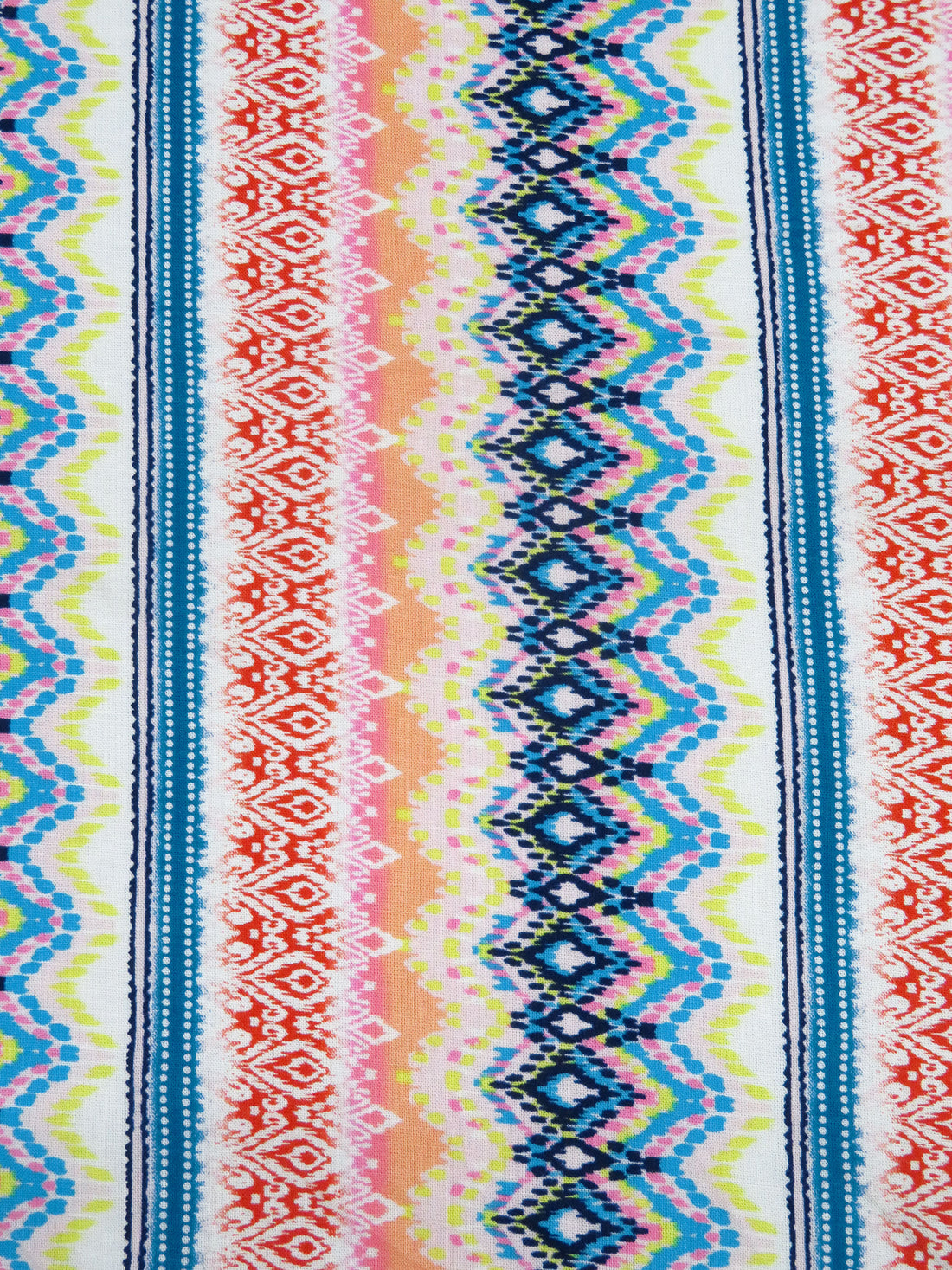 White/Terracotta/Sea Blue/Multi 100% Rayon Abstract Vertical Stripe Print Crinkle Challis 56W