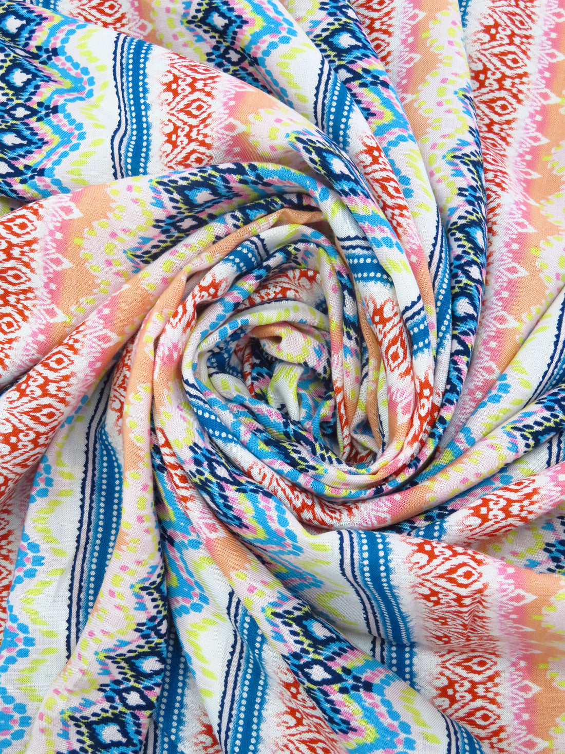White/Terracotta/Sea Blue/Multi 100% Rayon Abstract Vertical Stripe Print Crinkle Challis 56W