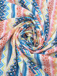 White/Terracotta/Sea Blue/Multi 100% Rayon Abstract Vertical Stripe Print Crinkle Challis 56W