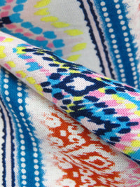 White/Terracotta/Sea Blue/Multi 100% Rayon Abstract Vertical Stripe Print Crinkle Challis 56W