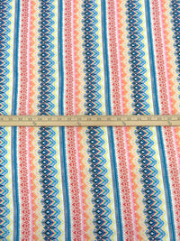 White/Terracotta/Sea Blue/Multi 100% Rayon Abstract Vertical Stripe Print Crinkle Challis 56W