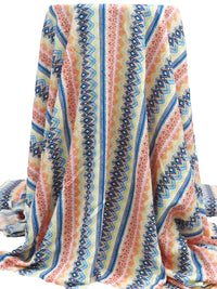 White/Terracotta/Sea Blue/Multi 100% Rayon Abstract Vertical Stripe Print Crinkle Challis 56W