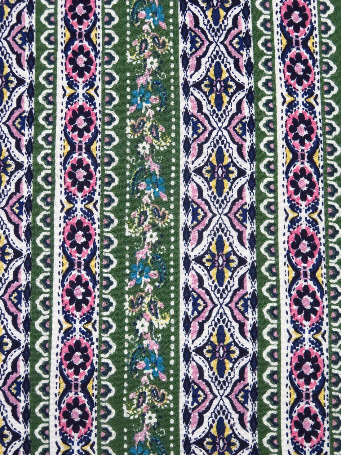 Amazon Green/Navy/White/Multi 100% Rayon Ornate Paisley Vertical Stripe Print Crinkle Challis 50W