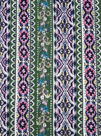 Amazon Green/Navy/White/Multi 100% Rayon Ornate Paisley Vertical Stripe Print Crinkle Challis 50W