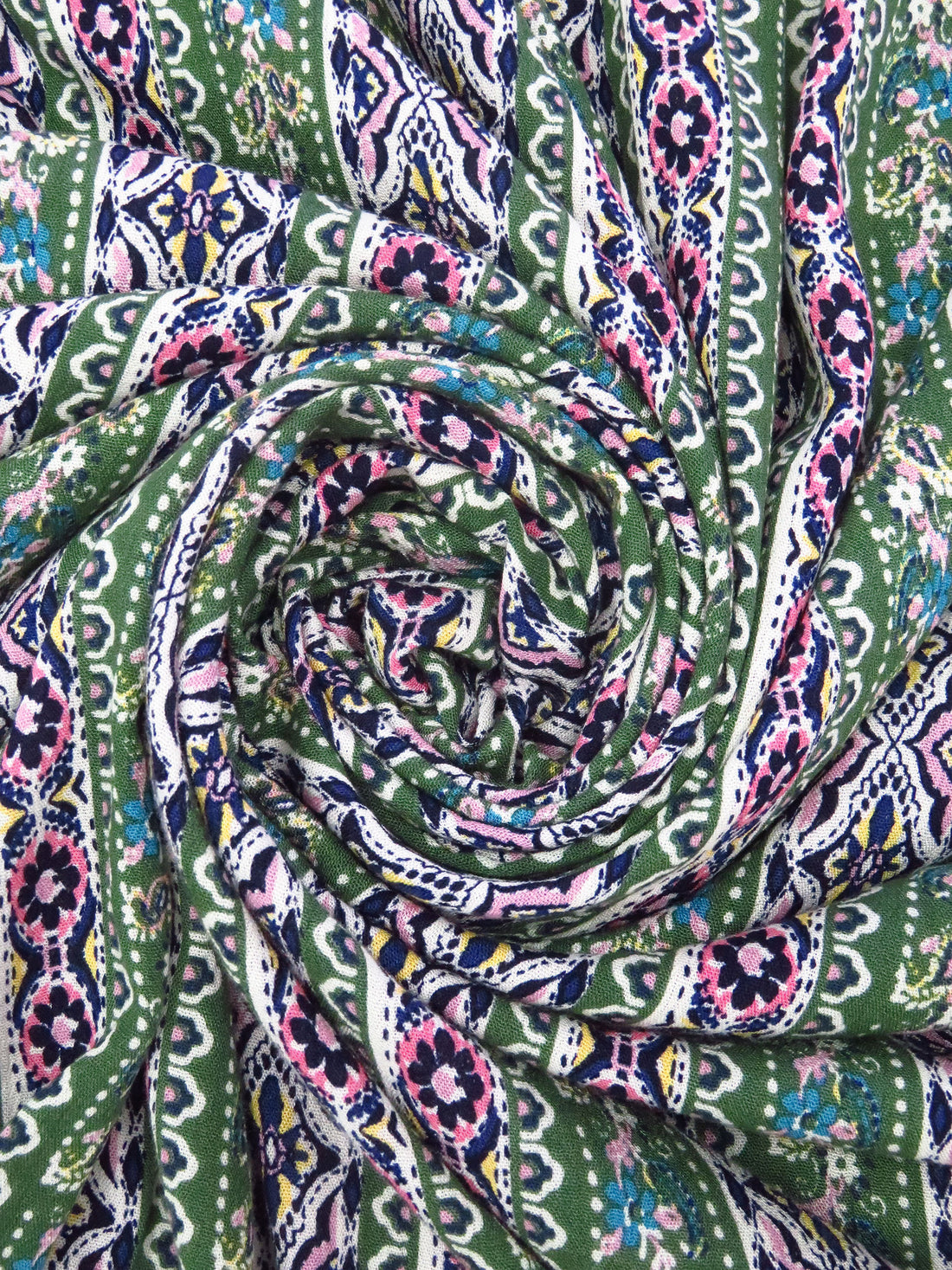 Amazon Green/Navy/White/Multi 100% Rayon Ornate Paisley Vertical Stripe Print Crinkle Challis 50W