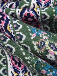 Amazon Green/Navy/White/Multi 100% Rayon Ornate Paisley Vertical Stripe Print Crinkle Challis 50W