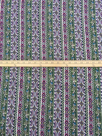 Amazon Green/Navy/White/Multi 100% Rayon Ornate Paisley Vertical Stripe Print Crinkle Challis 50W