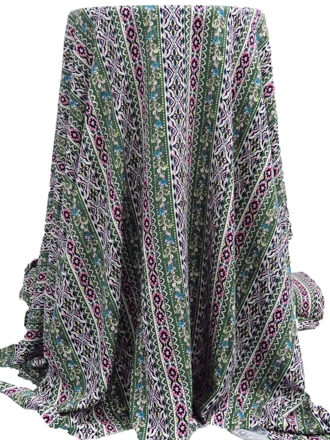 Amazon Green/Navy/White/Multi 100% Rayon Ornate Paisley Vertical Stripe Print Crinkle Challis 50W