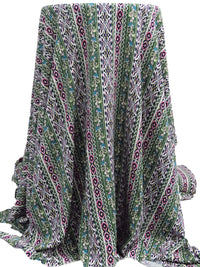 Amazon Green/Navy/White/Multi 100% Rayon Ornate Paisley Vertical Stripe Print Crinkle Challis 50W