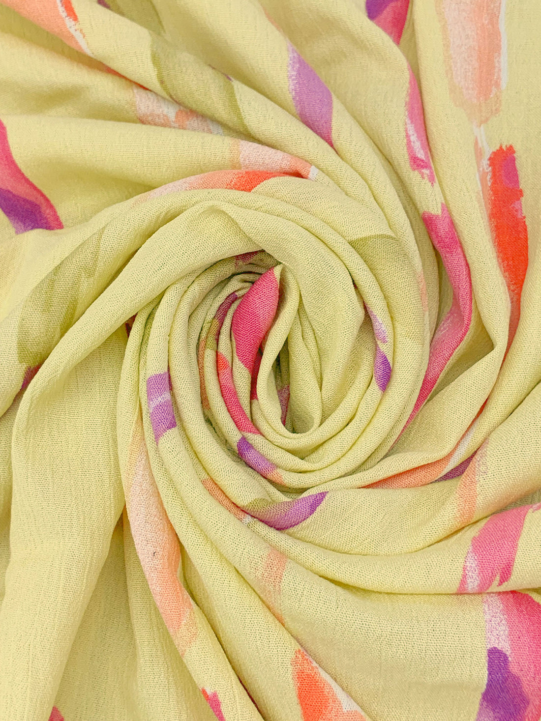 Pale Goldenrod/Fuchsia Blush/Deep Peach/Multi 100% Rayon Vertical Streaks Print Crinkle Challis 52W