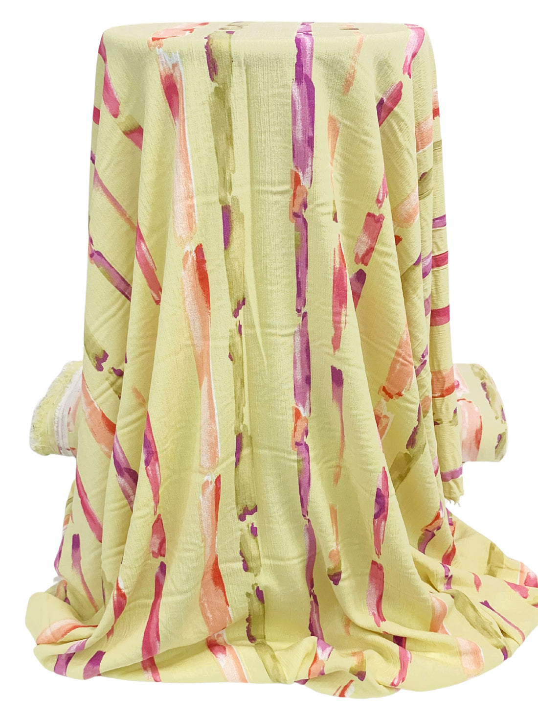 Pale Goldenrod/Fuchsia Blush/Deep Peach/Multi 100% Rayon Vertical Streaks Print Crinkle Challis 52W
