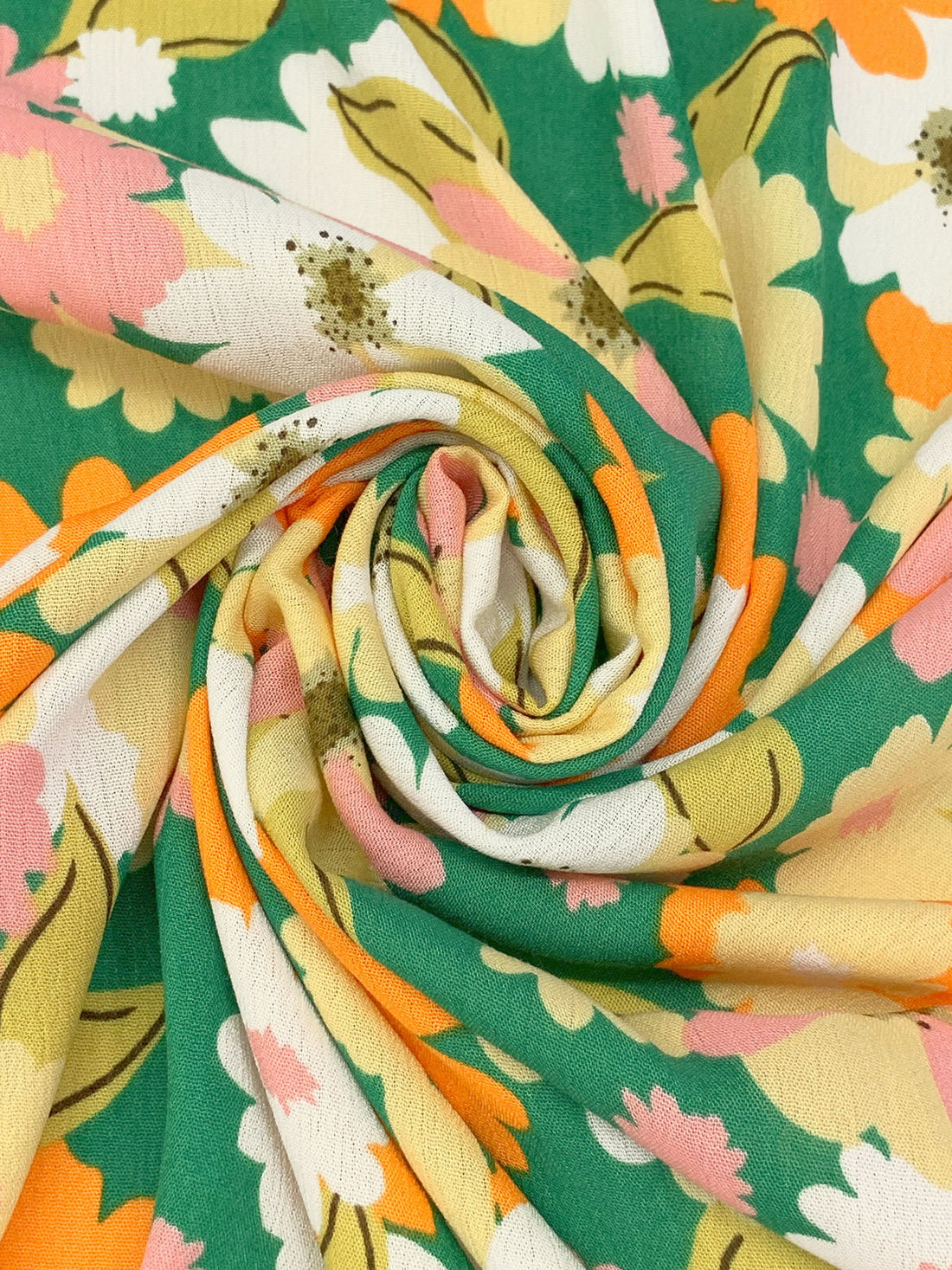 Sea Green/Carrot/Soft Lemon/White 100% Rayon Floral Print Crinkle Challis 56W