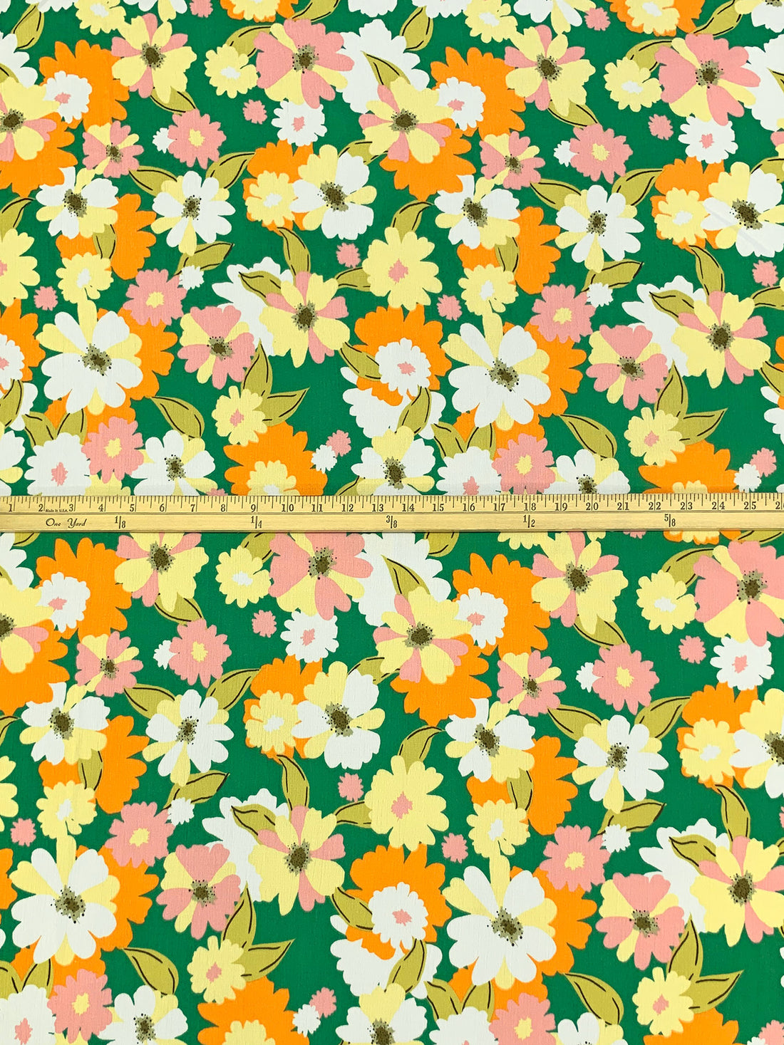 Sea Green/Carrot/Soft Lemon/White 100% Rayon Floral Print Crinkle Challis 56W