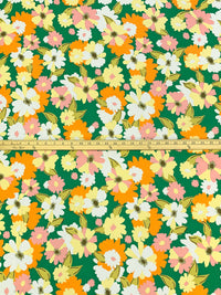 Sea Green/Carrot/Soft Lemon/White 100% Rayon Floral Print Crinkle Challis 56W