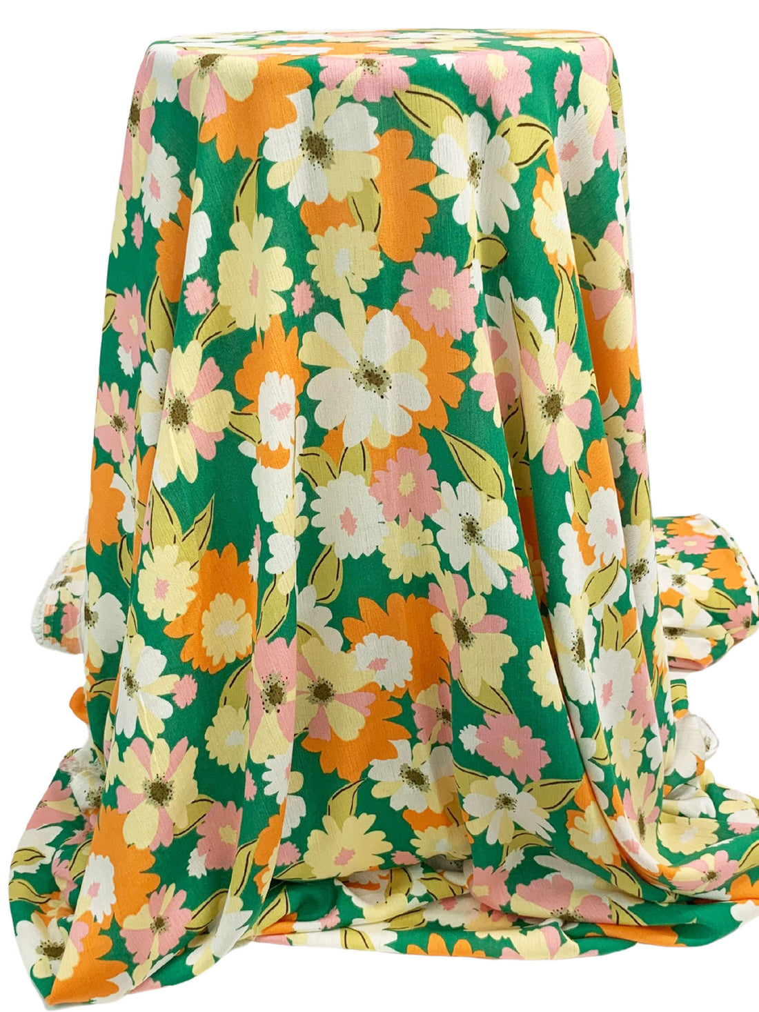 Sea Green/Carrot/Soft Lemon/White 100% Rayon Floral Print Crinkle Challis 56W