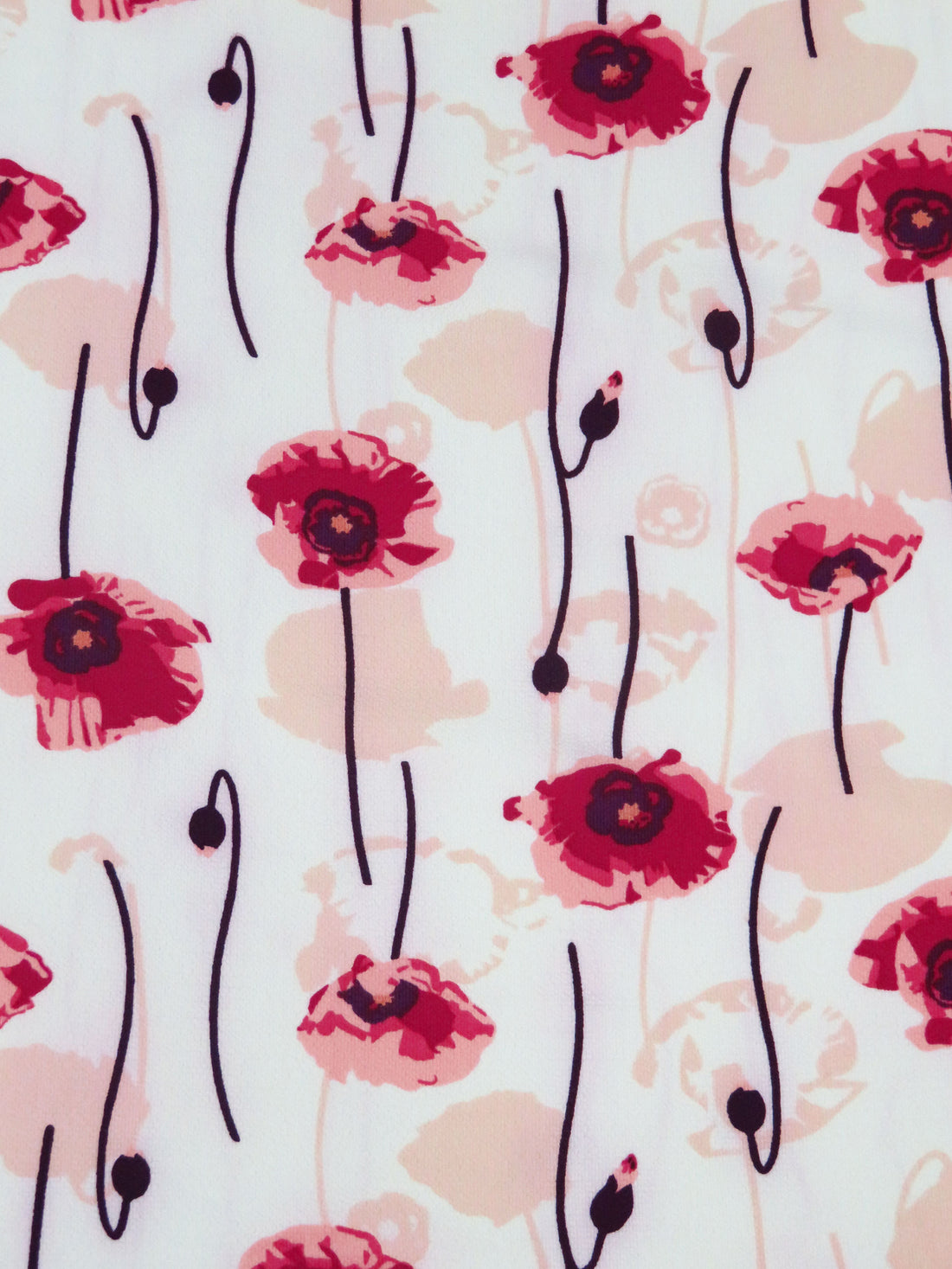 French Wine/White/Pastel Peach/Multi 100% Polyester Poppies Print Bubble Crepe 60W