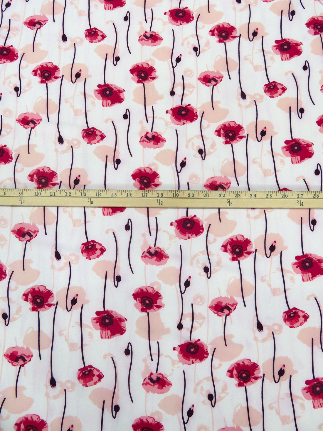 French Wine/White/Pastel Peach/Multi 100% Polyester Poppies Print Bubble Crepe 60W