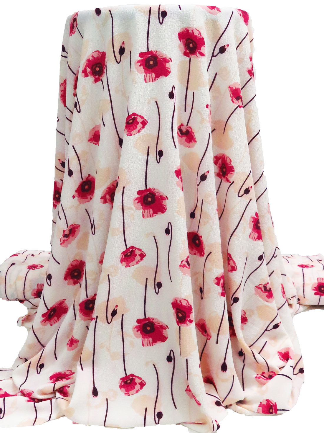 French Wine/White/Pastel Peach/Multi 100% Polyester Poppies Print Bubble Crepe 60W