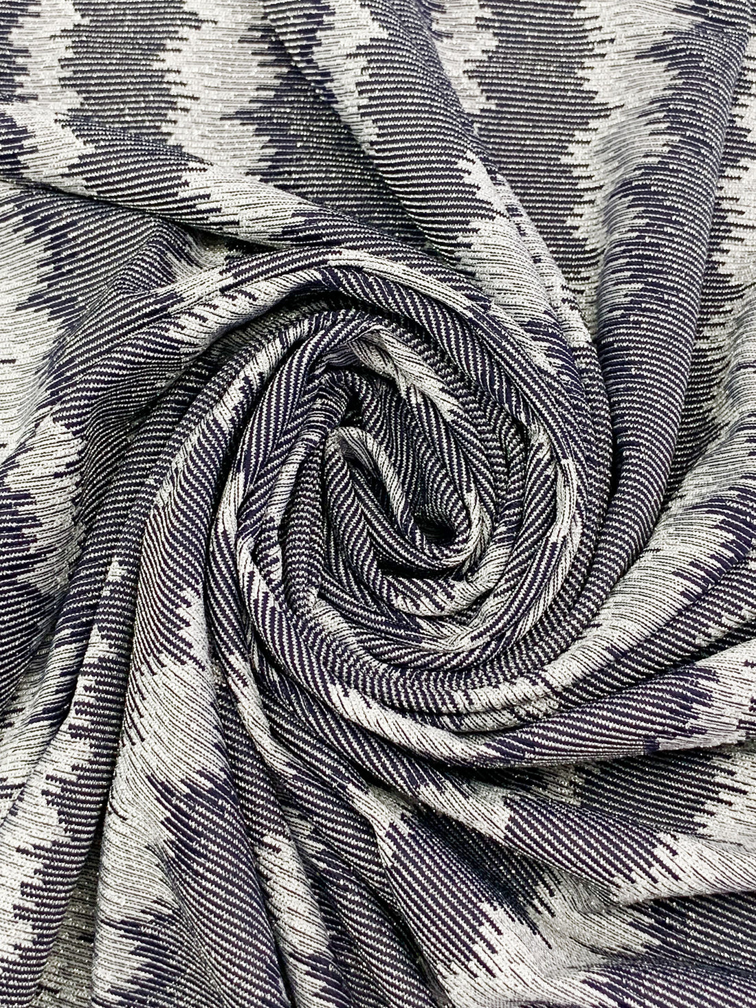 Navy/Metallic Silver Polyester/Metallic/Lycra Jagged Vertical Stripe Novelty Knit 58W