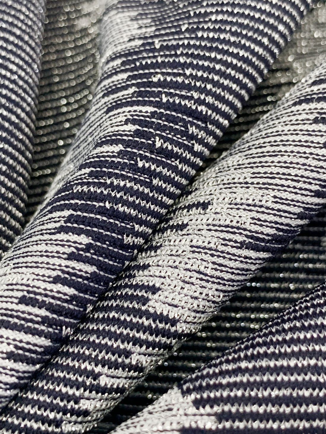 Navy/Metallic Silver Polyester/Metallic/Lycra Jagged Vertical Stripe Novelty Knit 58W