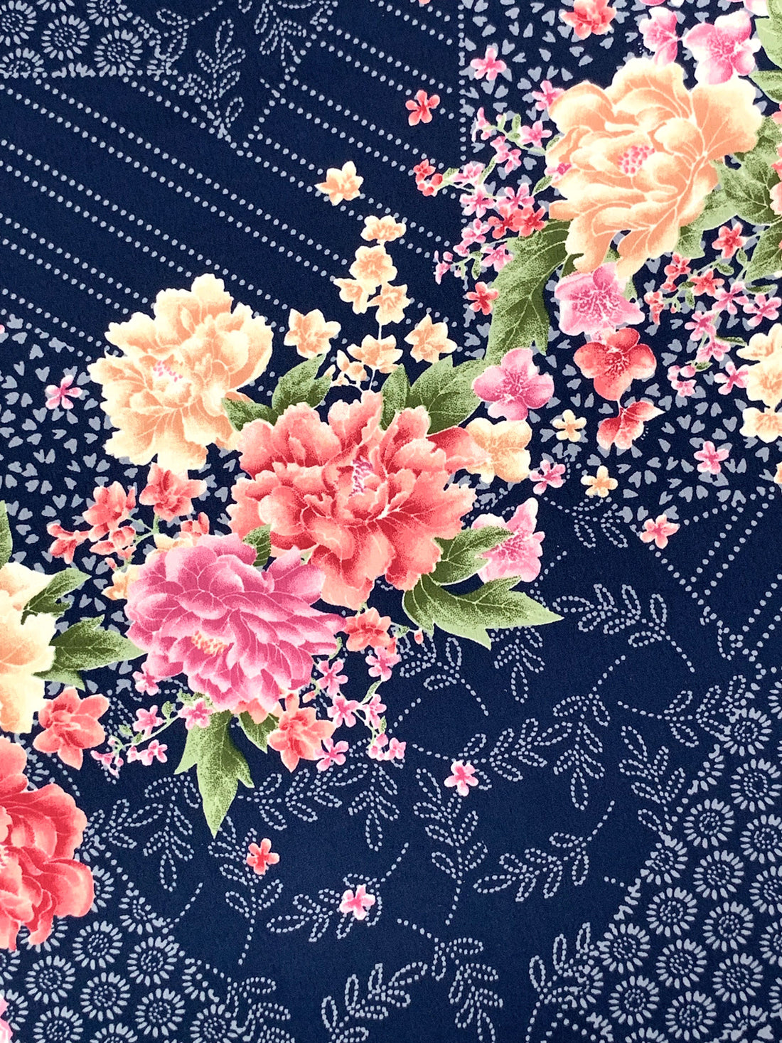 Navy/Petal Pink/Leaf Green/Multi 100% Polyester Stylized Diagonal Floral Print Crepe Blouse Weight Woven 60W