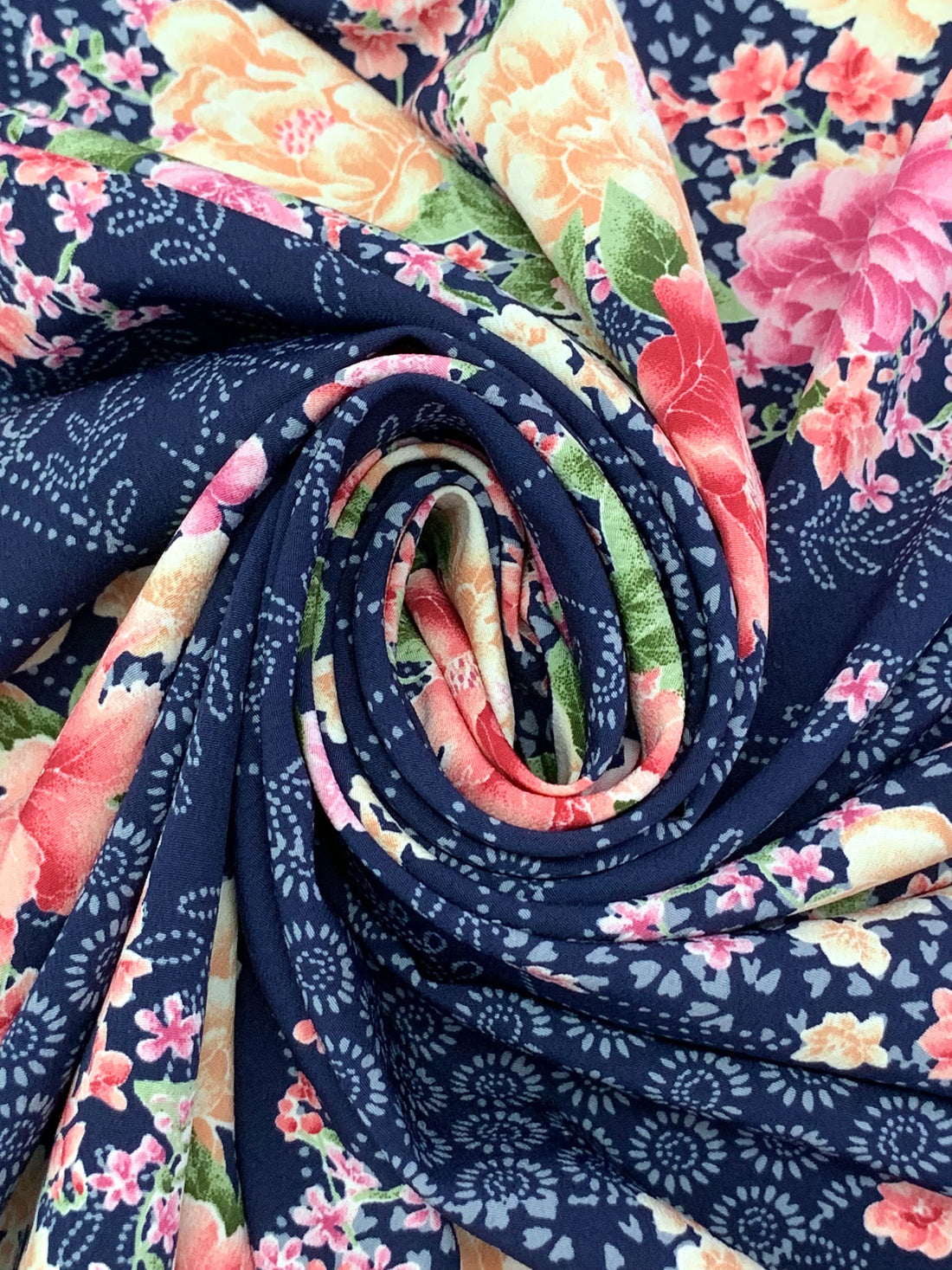 Navy/Petal Pink/Leaf Green/Multi 100% Polyester Stylized Diagonal Floral Print Crepe Blouse Weight Woven 60W