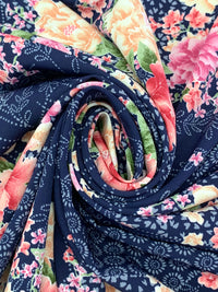 Navy/Petal Pink/Leaf Green/Multi 100% Polyester Stylized Diagonal Floral Print Crepe Blouse Weight Woven 60W