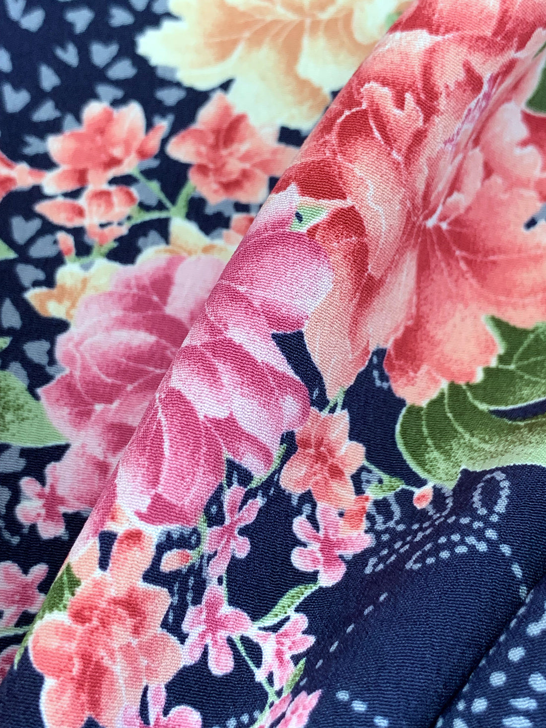 Navy/Petal Pink/Leaf Green/Multi 100% Polyester Stylized Diagonal Floral Print Crepe Blouse Weight Woven 60W