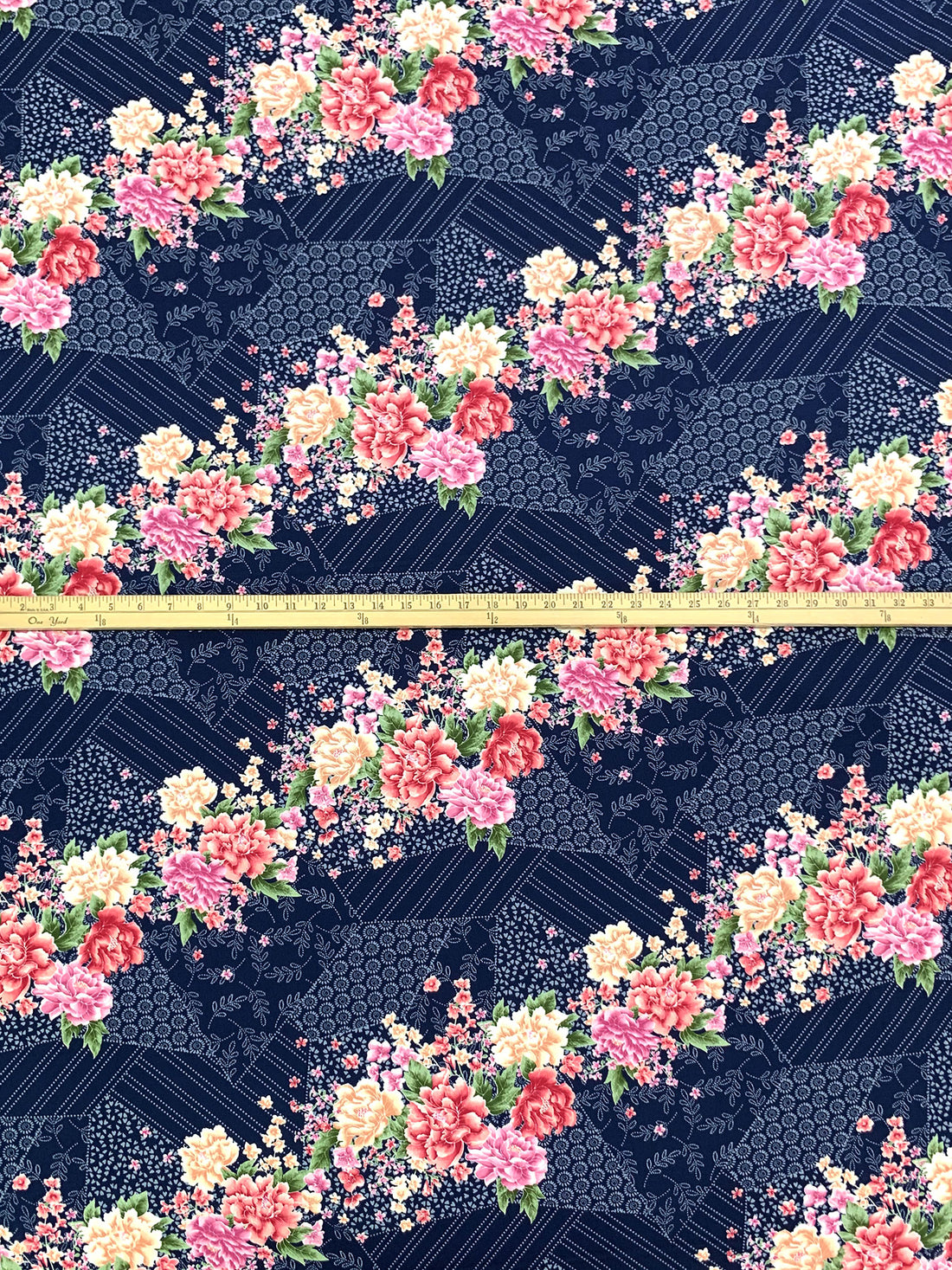 Navy/Petal Pink/Leaf Green/Multi 100% Polyester Stylized Diagonal Floral Print Crepe Blouse Weight Woven 60W