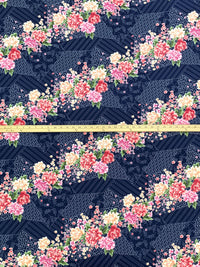 Navy/Petal Pink/Leaf Green/Multi 100% Polyester Stylized Diagonal Floral Print Crepe Blouse Weight Woven 60W