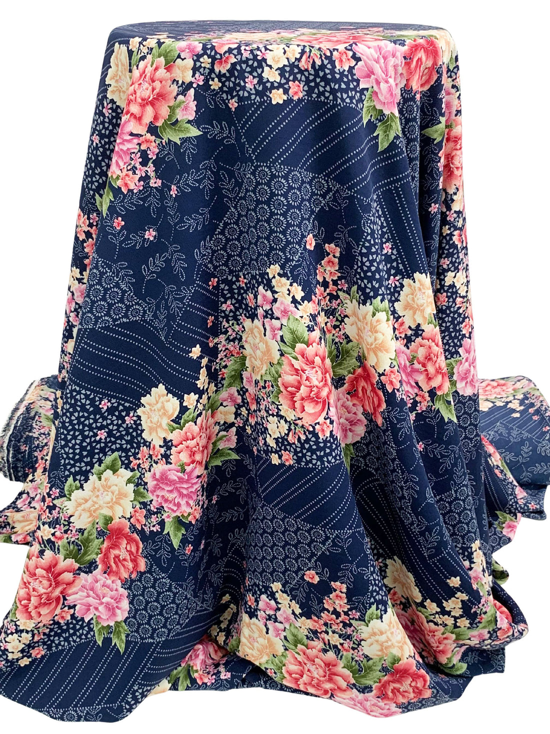 Navy/Petal Pink/Leaf Green/Multi 100% Polyester Stylized Diagonal Floral Print Crepe Blouse Weight Woven 60W