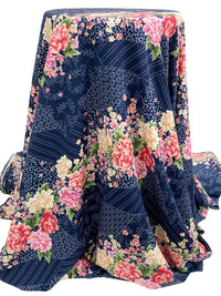 Navy/Petal Pink/Leaf Green/Multi 100% Polyester Stylized Diagonal Floral Print Crepe Blouse Weight Woven 60W