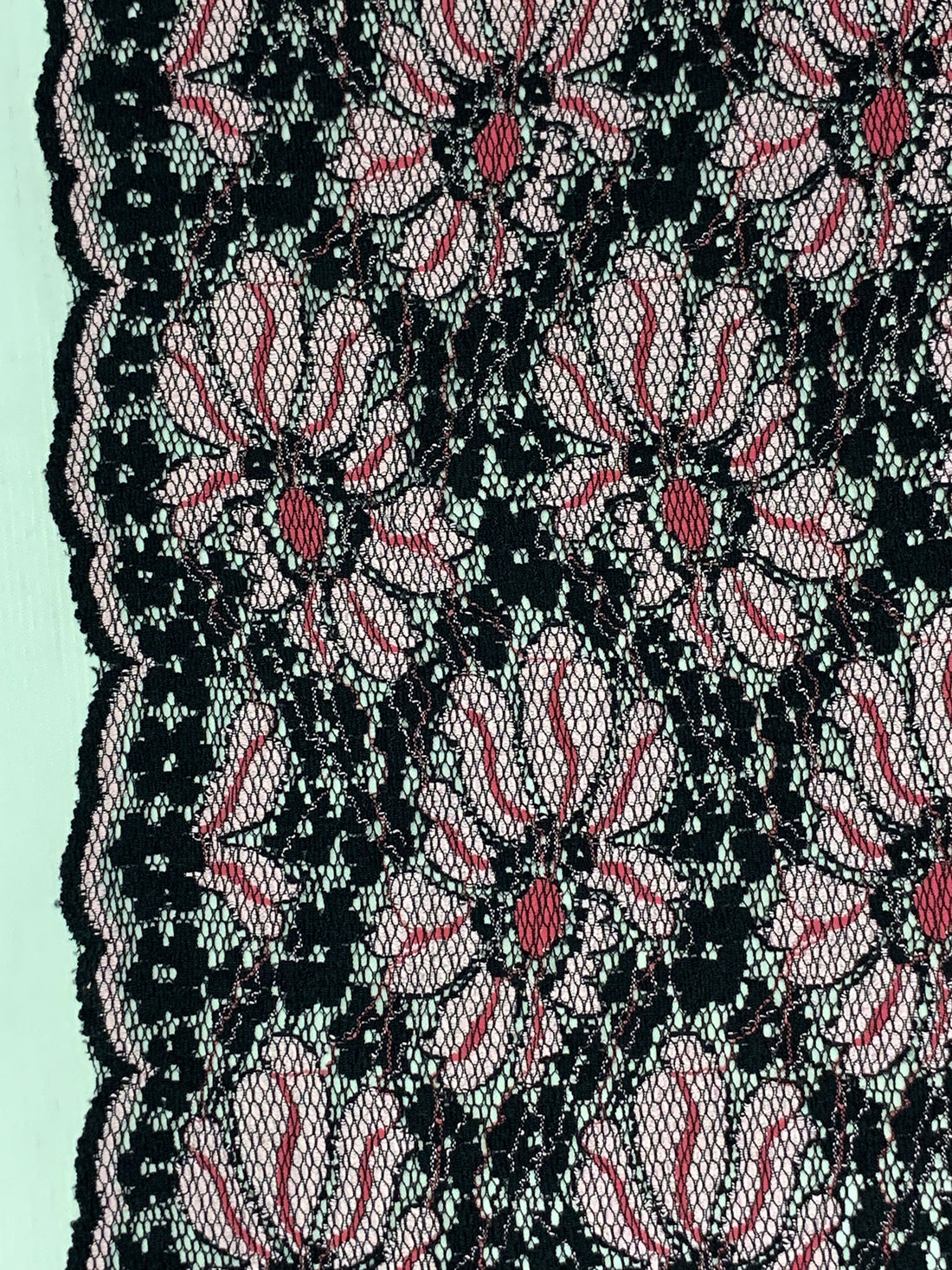 Black/Bright Platinum/Dusty Rose Polyester/Lycra Double Scalloped Border Floral Design Lace Netting 48W