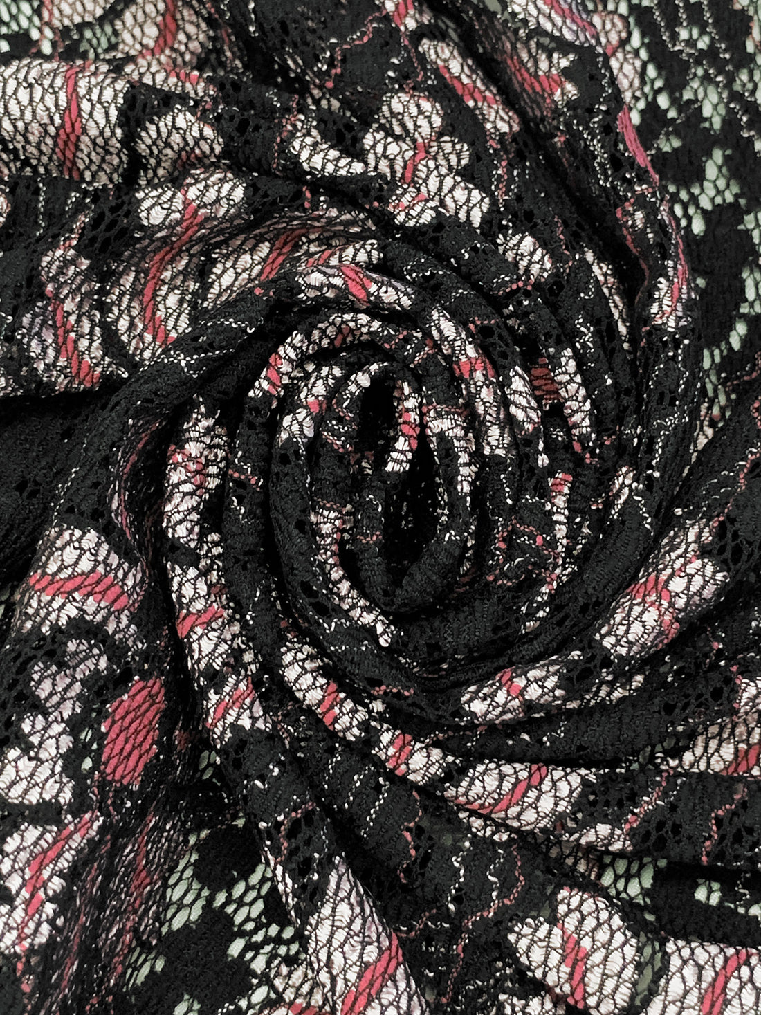 Black/Bright Platinum/Dusty Rose Polyester/Lycra Double Scalloped Border Floral Design Lace Netting 48W