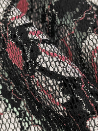 Black/Bright Platinum/Dusty Rose Polyester/Lycra Double Scalloped Border Floral Design Lace Netting 48W