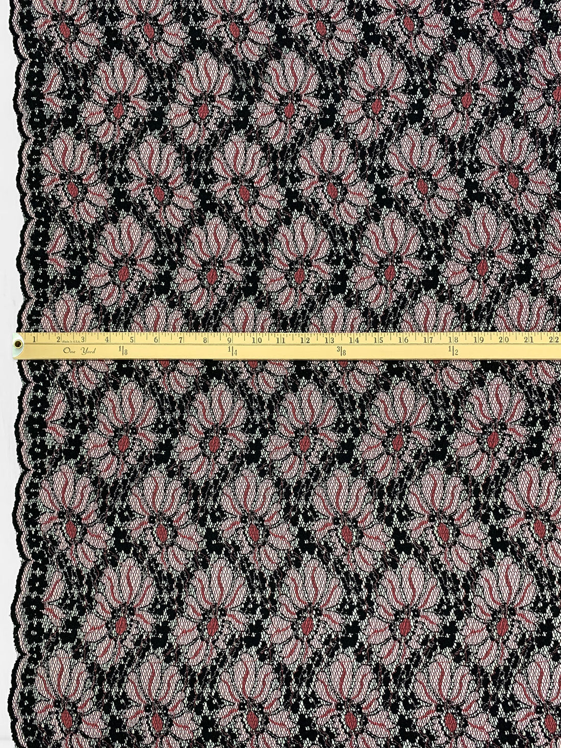 Black/Bright Platinum/Dusty Rose Polyester/Lycra Double Scalloped Border Floral Design Lace Netting 48W