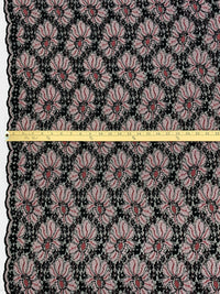 Black/Bright Platinum/Dusty Rose Polyester/Lycra Double Scalloped Border Floral Design Lace Netting 48W