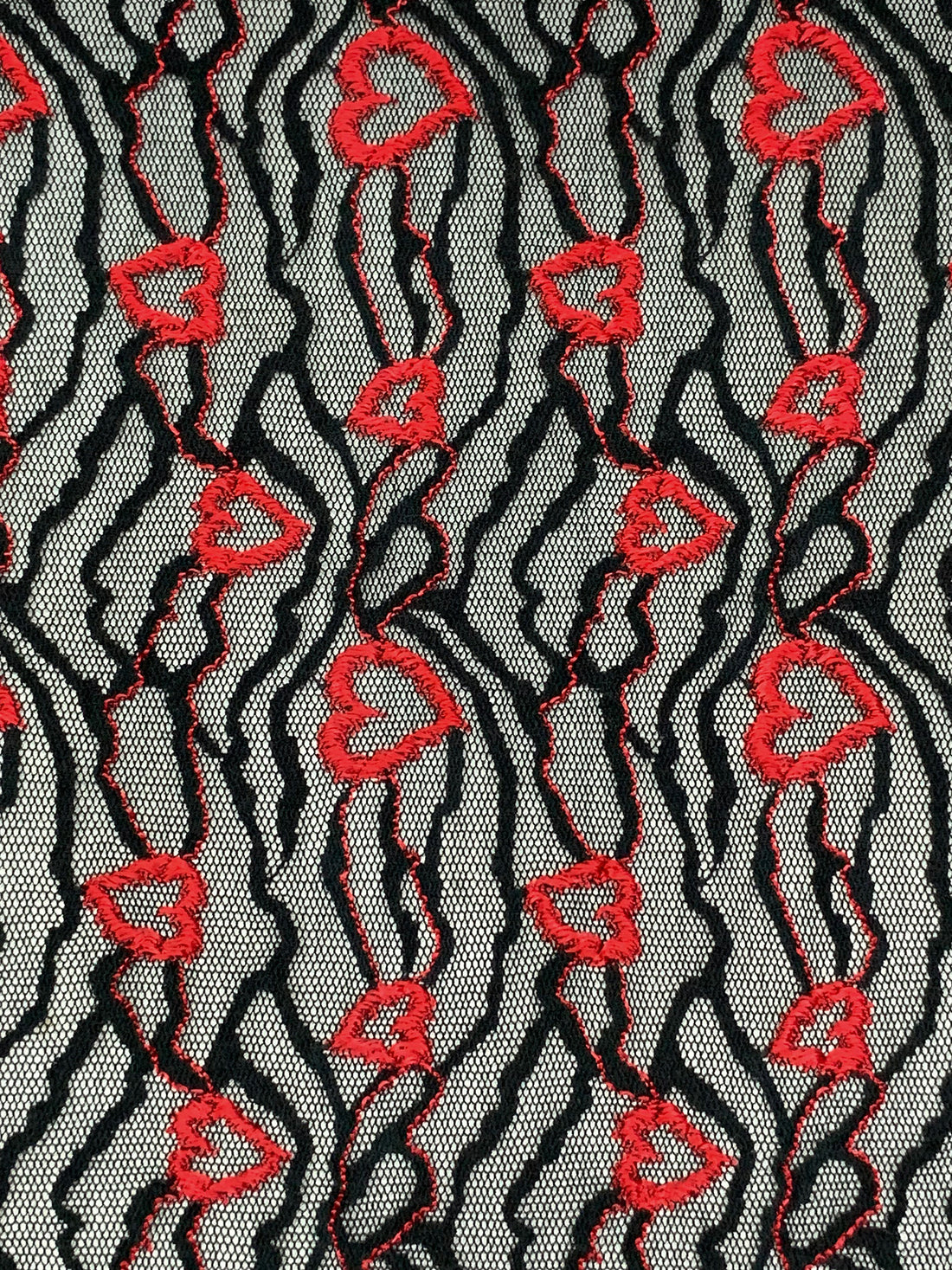Imperial Red/Black Polyester/Lycra Horizontal Hearts Design Stretch Lace Netting 45W